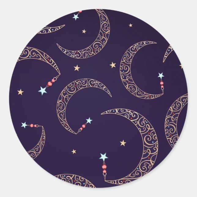 Mystical Purple Gold Filigree Moon Celestial Party Classic Round Sticker (Front)