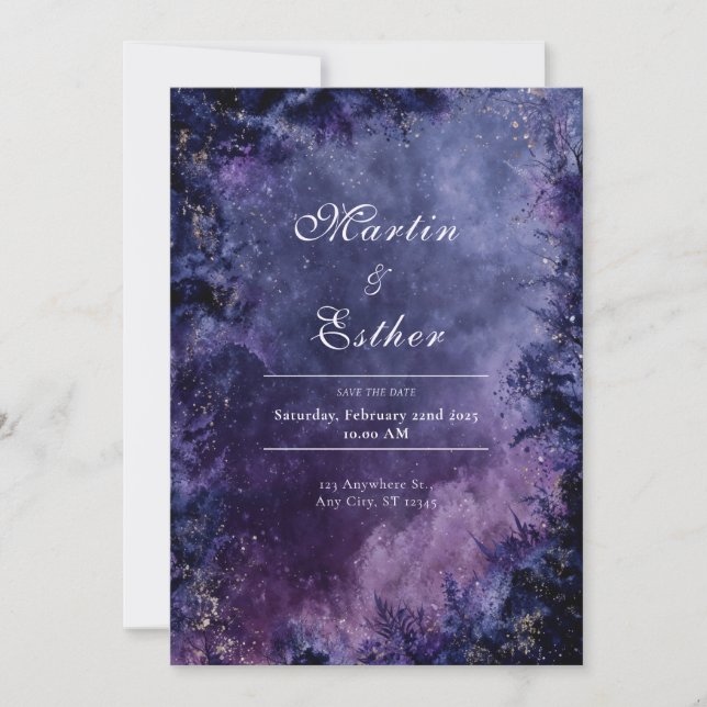 Mystical Purple Gold Nebula Starry Night Wedding Invitation (Front)