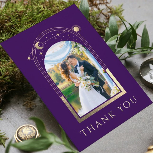 Mystical Purple Gold Sun Moon Star Photo Wedding Thank You Card (Creator Uploaded)