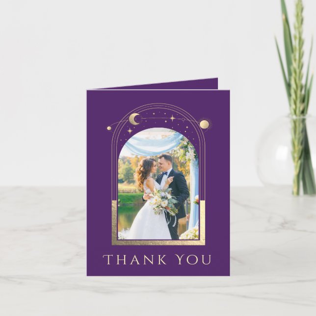 Mystical Purple Gold Sun Moon Stars Photo Wedding Thank You Card (Front)
