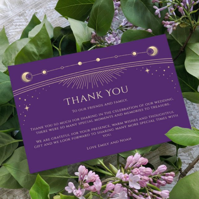 Mystical Purple Gold Sun Moon Stars Photo Wedding Thank You Card (Creator Uploaded)