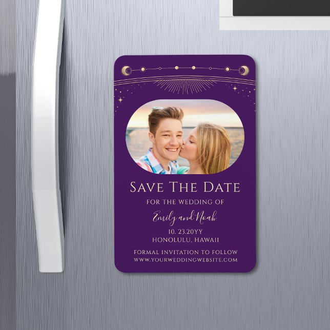 Mystical Purple Gold Sun Moon Stars Save The Date Magnet (Creator Uploaded)