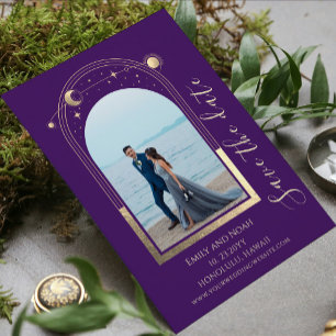 Mystical Purple Gold Sun Moon Stars Space Save The Date