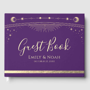 Mystical Purple Gold Sun Moon Stars Wedding  Guest Book