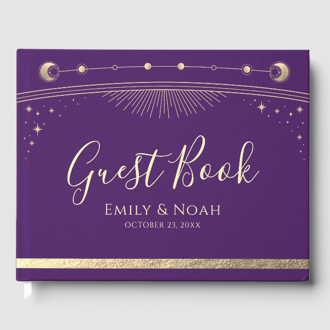 Mystical Purple Gold Sun Moon Stars Wedding  Guest Book (Front)