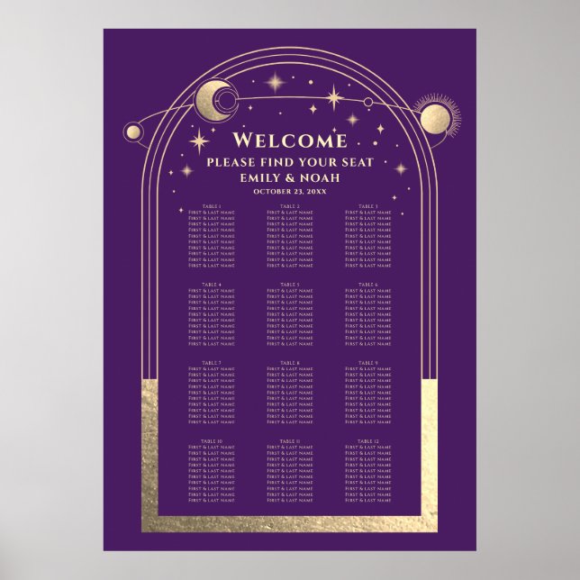 Mystical Purple Gold Sun Moon Stars Wedding Poster (Front)