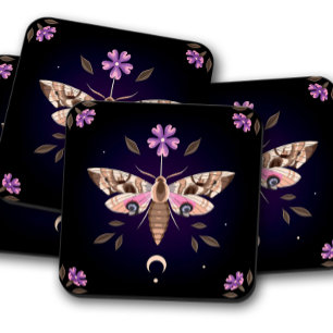 Mystical Purple Moth & Floral   Botanical Coasters