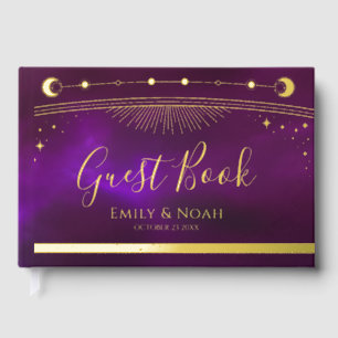 Mystical Purple Teal Gold Sun Moon Stars Wedding Guest Book