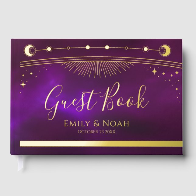 Mystical Purple Teal Gold Sun Moon Stars Wedding Guest Book (Front)