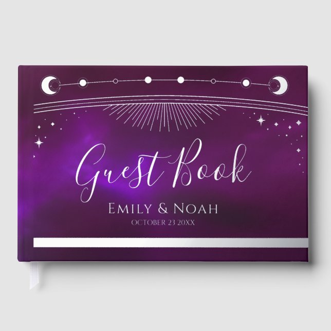 Mystical Purple Teal Sun Moon Stars Wedding Guest Book (Front)