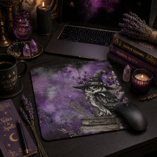 Mystical Purple Witchy Owl Art Custom Name Mouse Mat