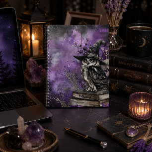 Mystical Purple Witchy Owl Art Custom Name Notebook