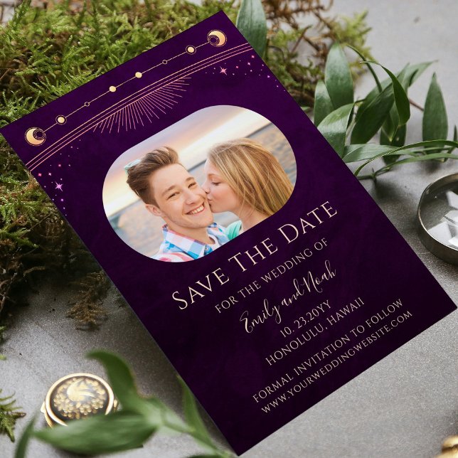 Mystical Rainbow Deep Plum Celestial Wedding Photo Save The Date (Creator Uploaded)