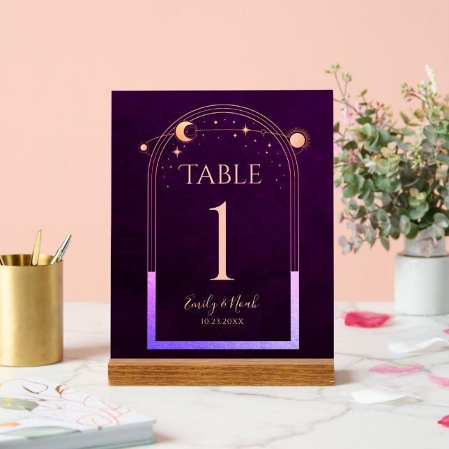 Mystical Rainbow Deep Plum Sun Moon Stars Wedding Acrylic Sign (Wedding)