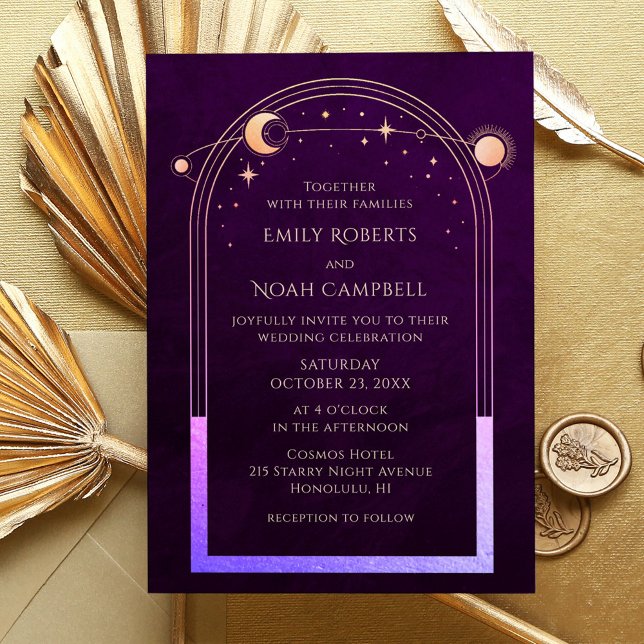 Mystical Rainbow Deep Plum Sun Star Moon Astronomy Invitation (Creator Uploaded)