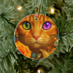Mystical Rainbow Eyed Cat Floral Dream Ceramic Tree Decoration