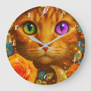 Mystical Rainbow Eyed Cat Floral Dream Large Clock