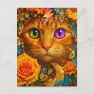 Mystical Rainbow Eyed Cat Floral Dream Postcard