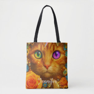 Mystical Rainbow Eyed Cat Floral Dream Tote Bag