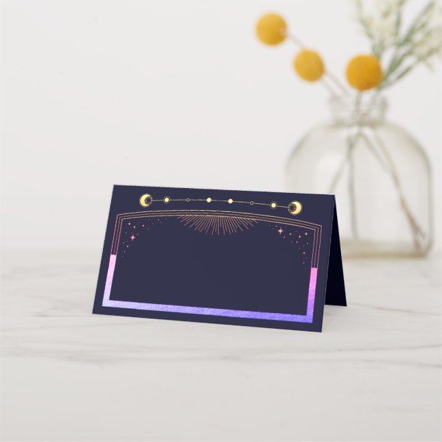 Mystical Rainbow Navy Blue Sun Moon Stars Wedding Place Card (Front)