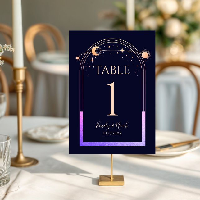 Mystical Rainbow Navy Blue Sun Moon Stars Wedding Table Number (Creator Uploaded)