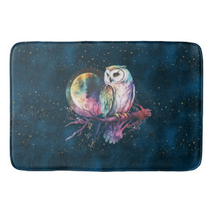 Mystical Rainbow Owl and Full Moon Celestial Bath Mat