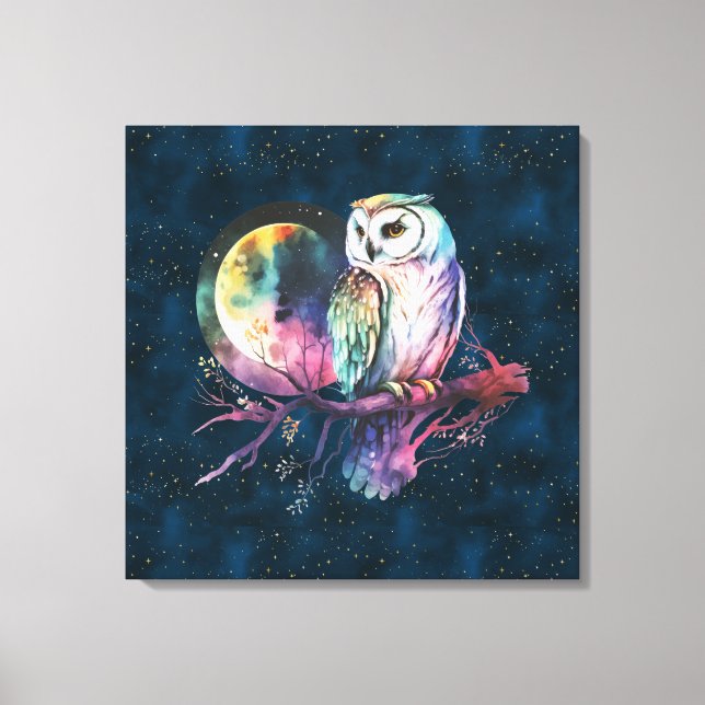 Mystical Rainbow Owl and Full Moon Celestial Canvas Print (Front)