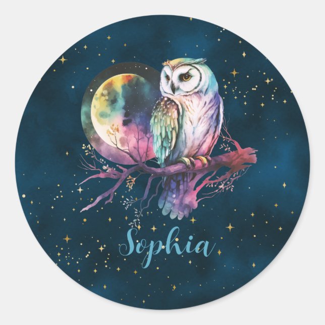 Mystical Rainbow Owl and Full Moon Celestial Classic Round Sticker (Front)