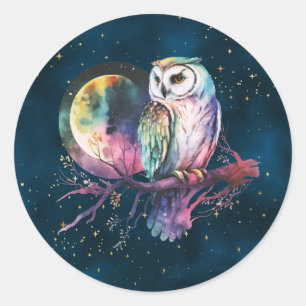 Mystical Rainbow Owl and Full Moon Celestial Classic Round Sticker