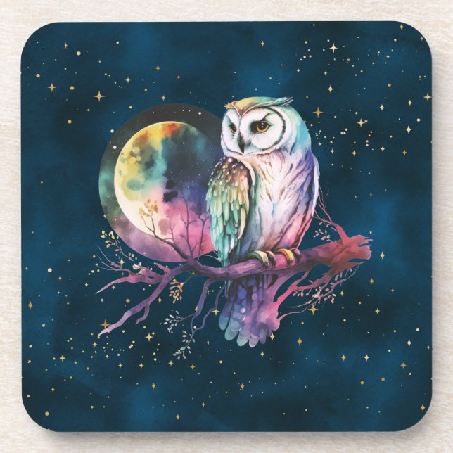 Mystical Rainbow Owl and Full Moon Celestial Coaster (Front)