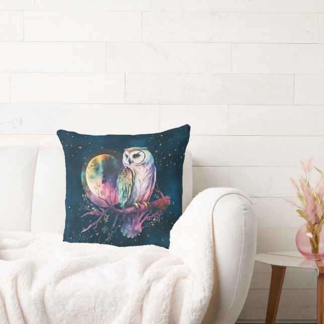 Mystical Rainbow Owl and Full Moon Celestial Cushion (Couch)