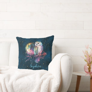 Mystical Rainbow Owl and Full Moon Celestial Cushion