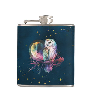 Mystical Rainbow Owl and Full Moon Celestial Hip Flask