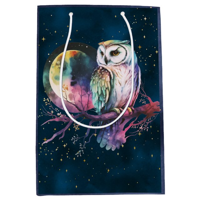Mystical Rainbow Owl and Full Moon Celestial Medium Gift Bag (Front)