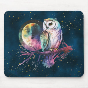 Mystical Rainbow Owl and Full Moon Celestial Mouse Mat