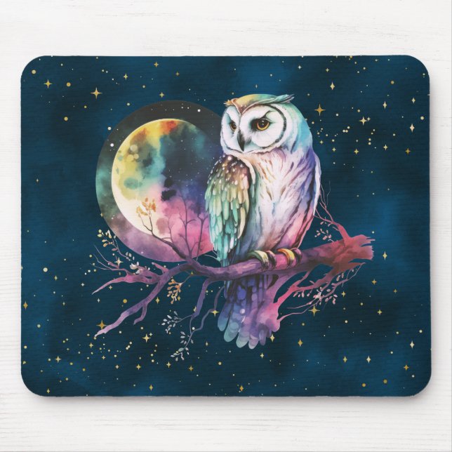 Mystical Rainbow Owl and Full Moon Celestial Mouse Mat (Front)