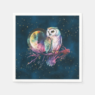 Mystical Rainbow Owl and Full Moon Celestial Napkin