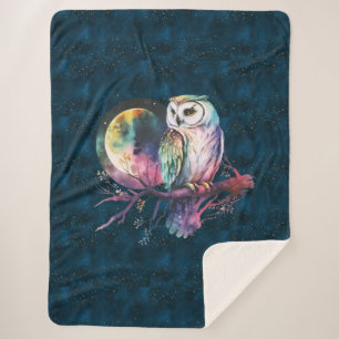 Mystical Rainbow Owl and Full Moon Celestial Sherpa Blanket