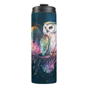 Mystical Rainbow Owl and Full Moon Celestial Thermal Tumbler