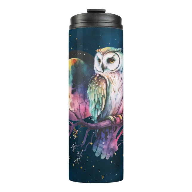 Mystical Rainbow Owl and Full Moon Celestial Thermal Tumbler (Front)
