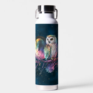 Mystical Rainbow Owl and Full Moon Celestial Water Bottle