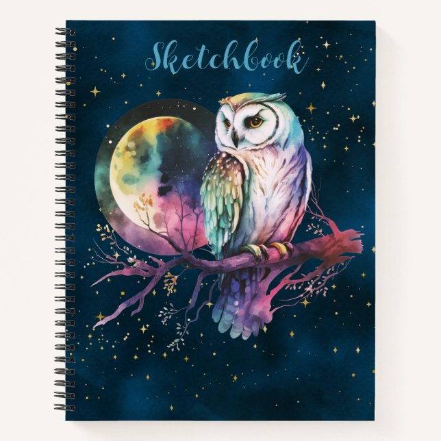 Mystical Rainbow Owl & Full Moon Celestial Sketch Notebook (Front)