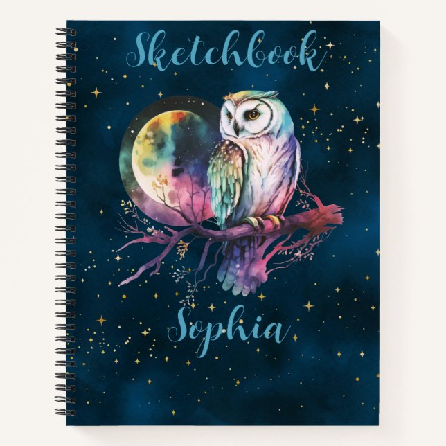 Mystical Rainbow Owl & Full Moon Celestial Sketch Notebook (Front)