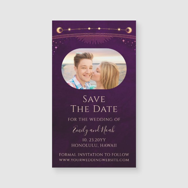 Mystical Rainbow Plum Sun Moon Star Save The Date (Front)