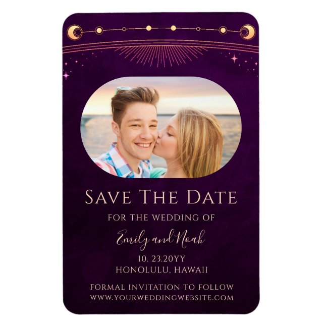 Mystical Rainbow Plum Sun Moon Star Save The Date Magnet (Vertical)