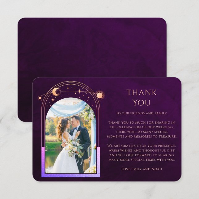 Mystical Rainbow Plum Sun Moon Stars Photo Wedding Thank You Card (Front/Back)