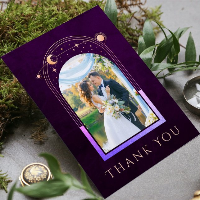 Mystical Rainbow Plum Sun Moon Stars Photo Wedding Thank You Card (Creator Uploaded)