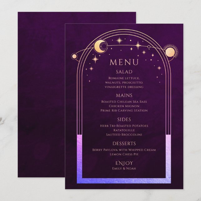 Mystical Rainbow Plum Sun Moon Stars Wedding Menu (Front/Back)