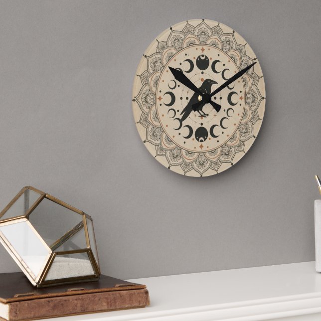 Mystical Raven Moon Phase Mandala Celestial Art Round Clock (Celestial raven wall clock)