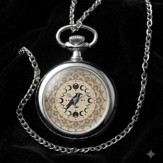Mystical Raven Moon Phase Mandala Celestial Art Watch (Raven moon phase watch for celestial lovers, ideal for gifting.)